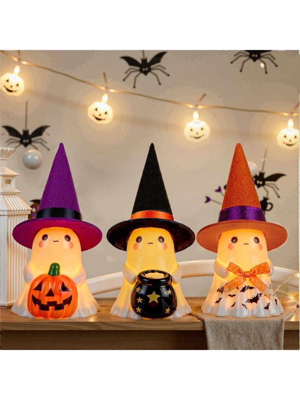 3Pcs Cute Spooky Ceramic Ghost Figurines with Hats Halloween Home Table Decor